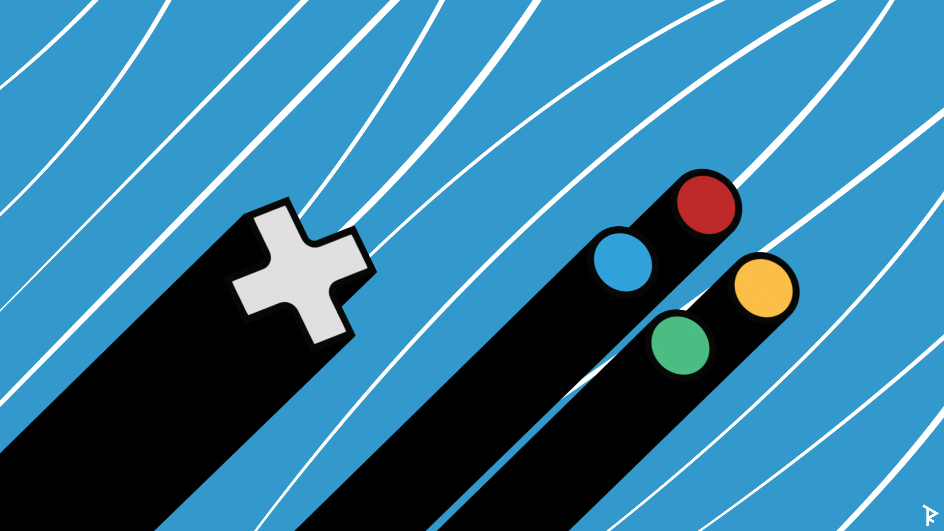 Une croix directionnelle et des boutons de manette traverse l'image, comme s'ils s'envolaient.