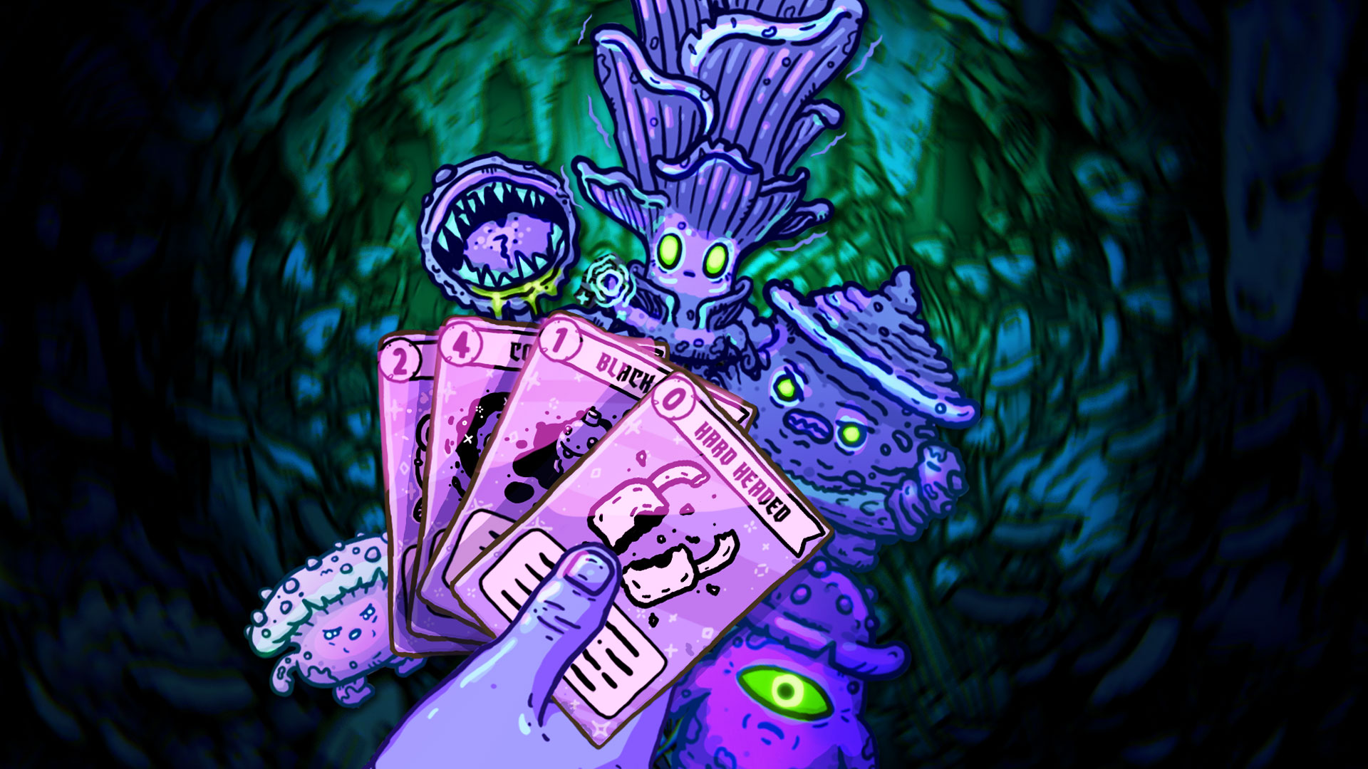 Le visuel est une vue subjective. Dans une grotte sombre, une main violette tient un paquet de carte. En fond, des monstres qui ressemblent à des champignons nous menacent directement. Tout est dessiné à la façon d'un comics.