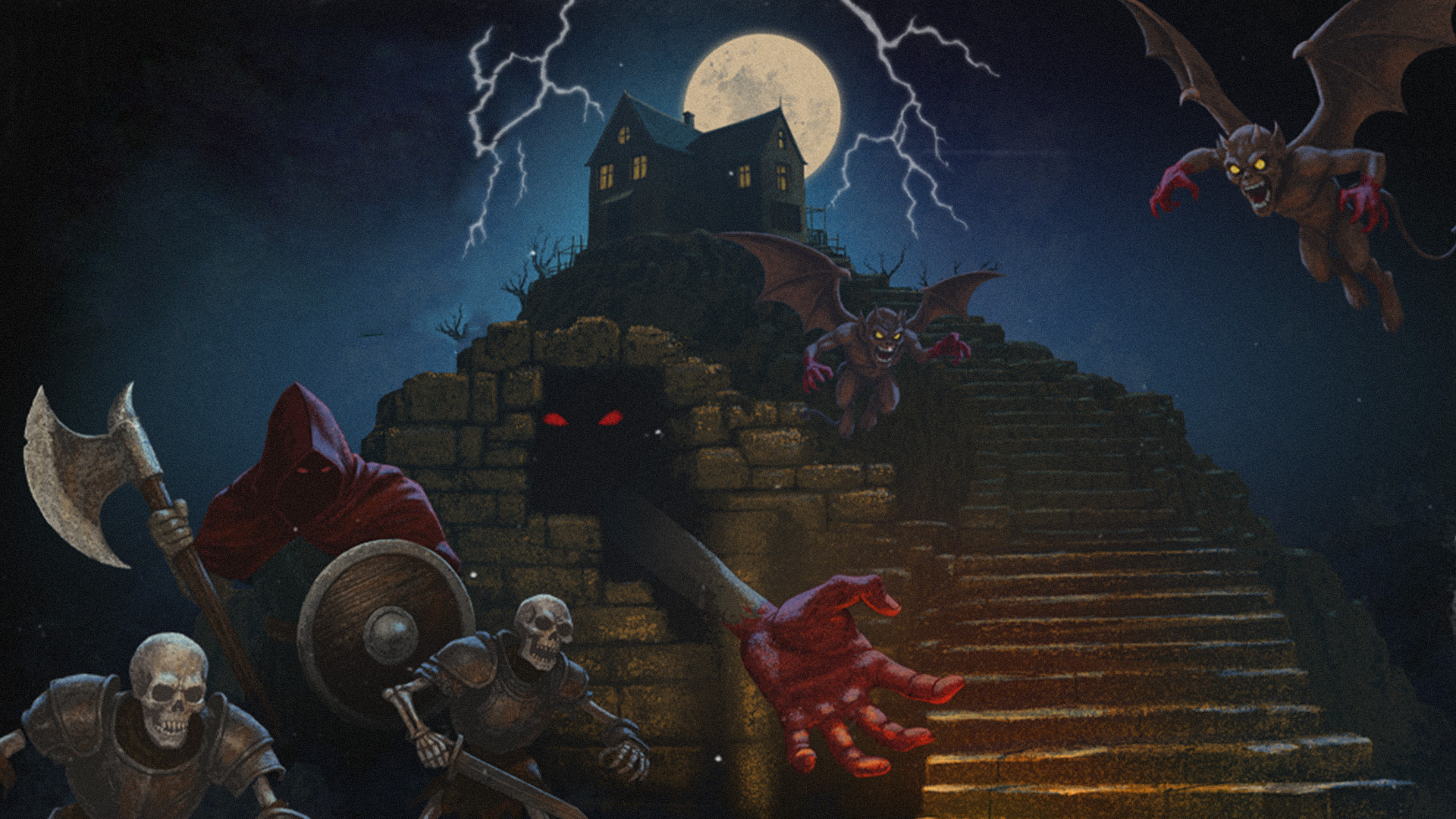 Illustration du jeu Bad House. Au sommet d'une colline trône une maison. Derrière elle, la pleine lune et la foudre qui s'abat. De cette maison descend un immense escalier de pierre. Au pied de cette escalier, des squelettes en armure, un bourreau avec sa hache et des gargouilles qui survolent l'ensemble. Dans une cavité rocheuse, des yeux rouges brillent tandis qu'une main ensanglantée s'extirpe de la roche.
