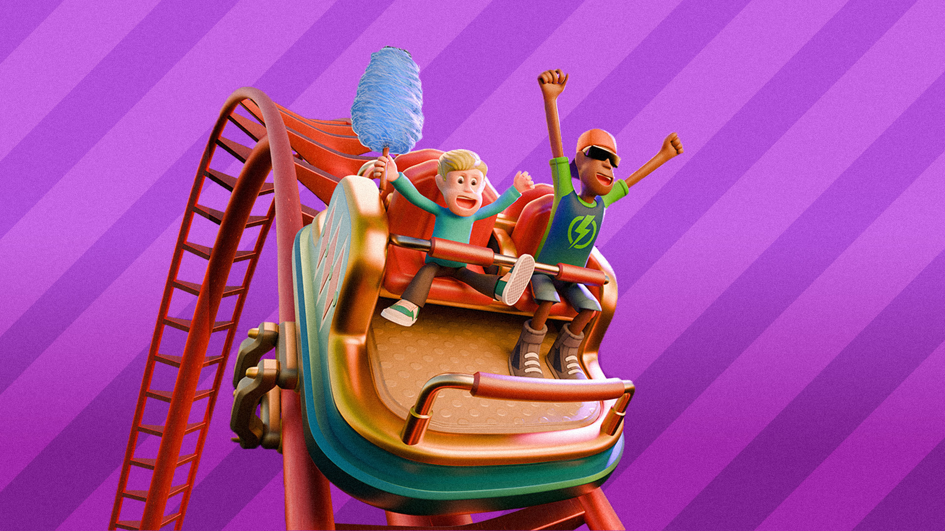 Illustration de Two Point Museum: Rides & Relics. On voit un enfant tenant une barbe à papa bleue et un jeune homme avec une casquette et des lunettes de soleil. Les deux personnes sont assises dans un wagon de montagnes russes et crient de joie alors que s'amorce la descente de l'attraction.